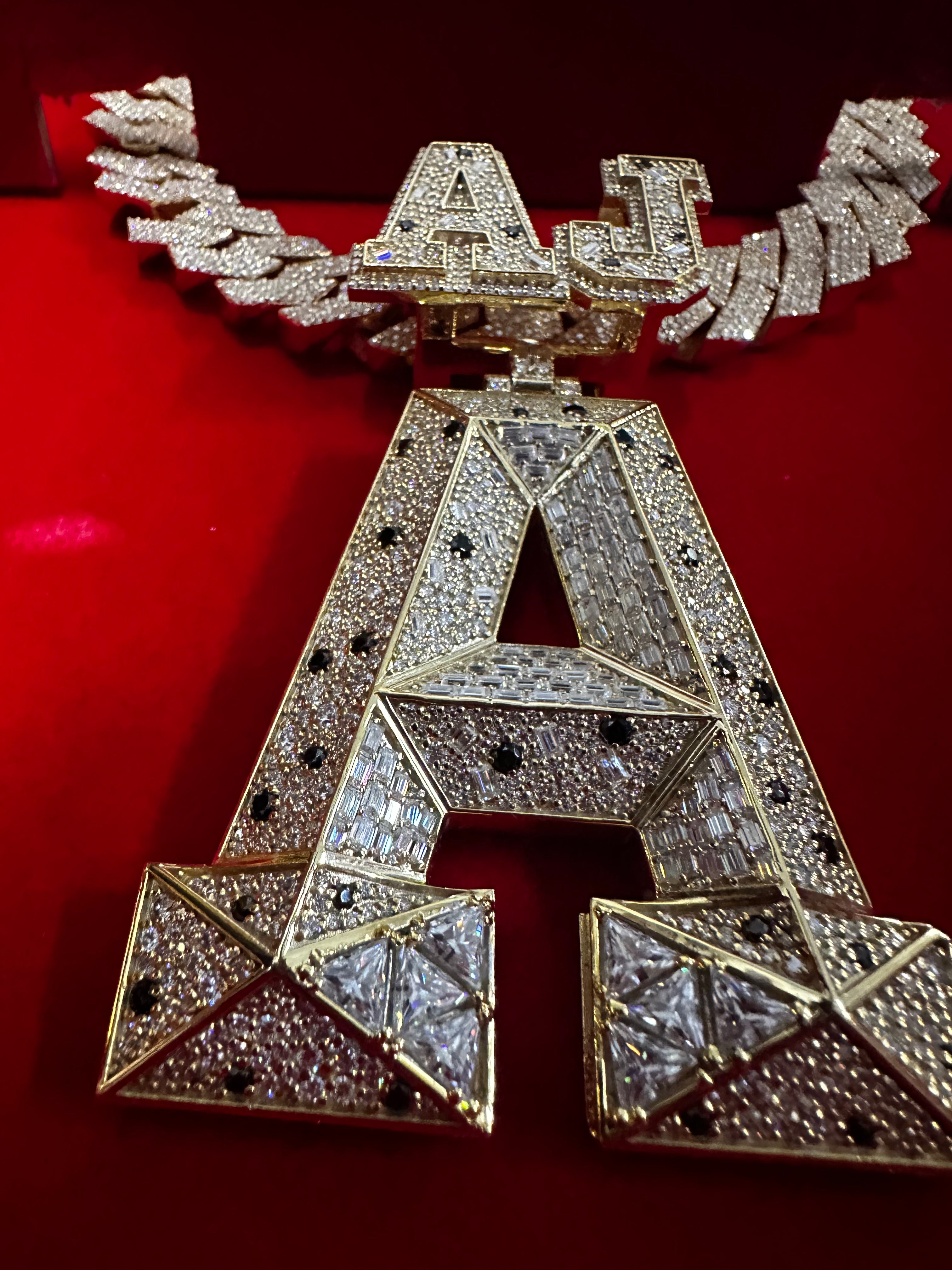 This stunning fully iced-out custom “AJ-A” pendant is crafted with premium detailing and a luxury finish Perfect hip-hop jewelry, rappers