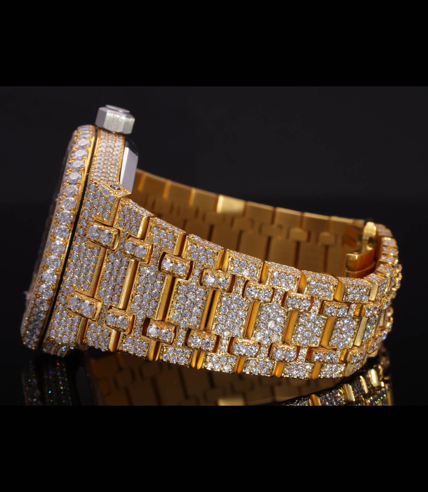 Luxury 18K Yellow Gold Plated iced-out watch featuring D Color VVS Moissanite stones, champagne diamond-paved dial, and available with Japanese Automatic, Semi ETA Automatic, or ETA Automatic movement.