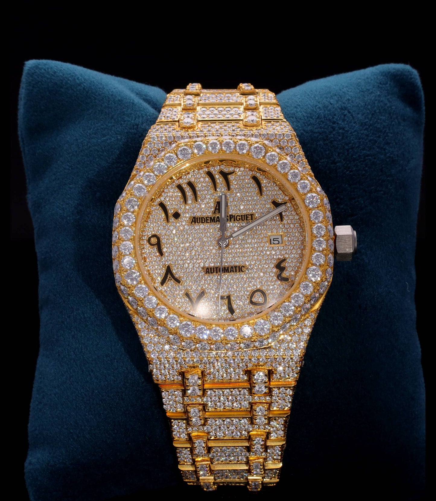 Luxury 18K Yellow Gold Plated iced-out watch featuring D Color VVS Moissanite stones, champagne diamond-paved dial, and available with Japanese Automatic, Semi ETA Automatic, or ETA Automatic movement.
