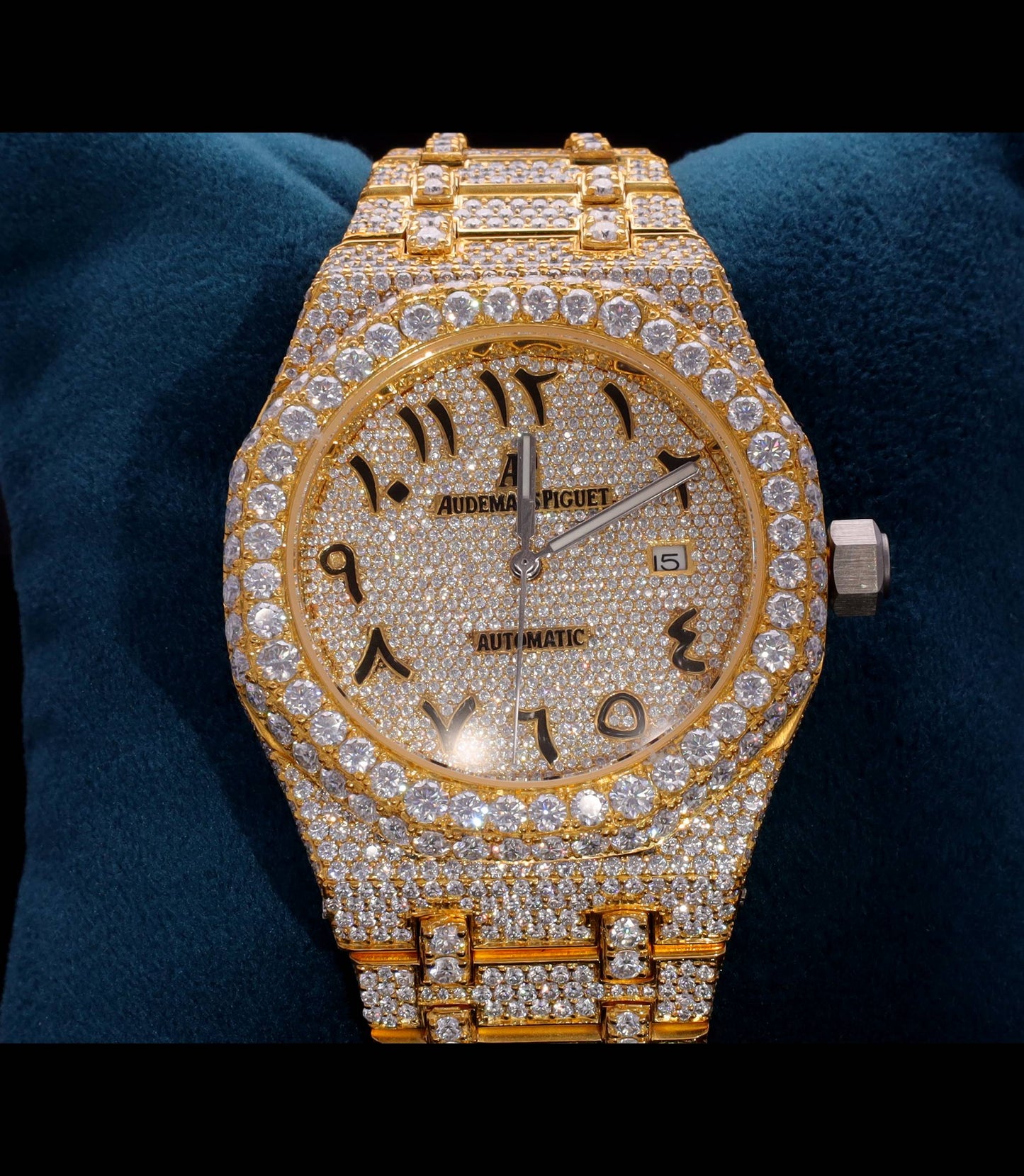 Luxury 18K Yellow Gold Plated iced-out watch featuring D Color VVS Moissanite stones, champagne diamond-paved dial, and available with Japanese Automatic, Semi ETA Automatic, or ETA Automatic movement.
