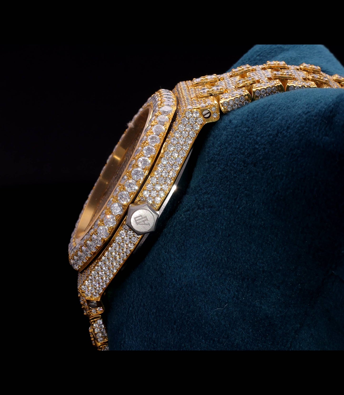 Luxury 18K Yellow Gold Plated iced-out watch featuring D Color VVS Moissanite stones, champagne diamond-paved dial, and available with Japanese Automatic, Semi ETA Automatic, or ETA Automatic movement.