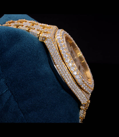 Luxury 18K Yellow Gold Plated iced-out watch featuring D Color VVS Moissanite stones, champagne diamond-paved dial, and available with Japanese Automatic, Semi ETA Automatic, or ETA Automatic movement.