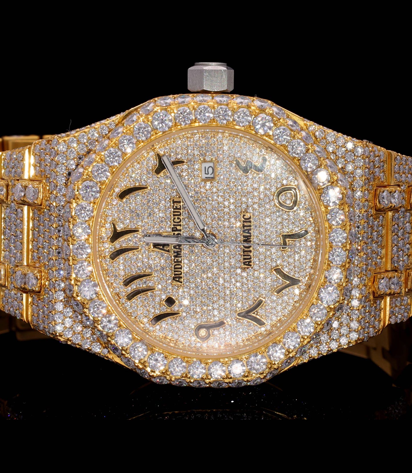 Luxury 18K Yellow Gold Plated iced-out watch featuring D Color VVS Moissanite stones, champagne diamond-paved dial, and available with Japanese Automatic, Semi ETA Automatic, or ETA Automatic movement.