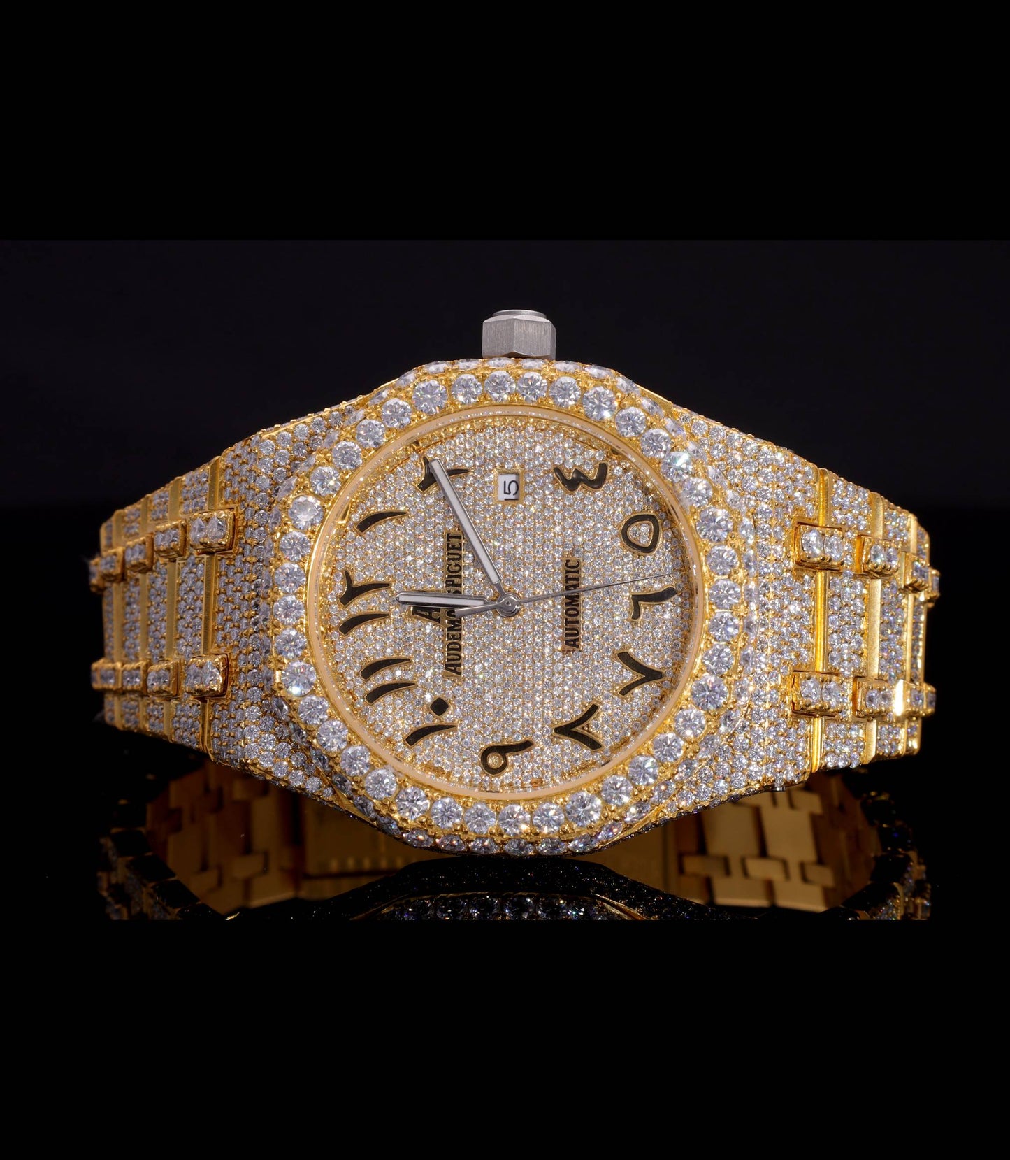 Luxury 18K Yellow Gold Plated iced-out watch featuring D Color VVS Moissanite stones, champagne diamond-paved dial, and available with Japanese Automatic, Semi ETA Automatic, or ETA Automatic movement.