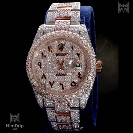 18K Gold Plated Moissanite Diamond Iced Out Luxury Watch | Two-Tone Rose Gold & Silver | Automatic Date Display