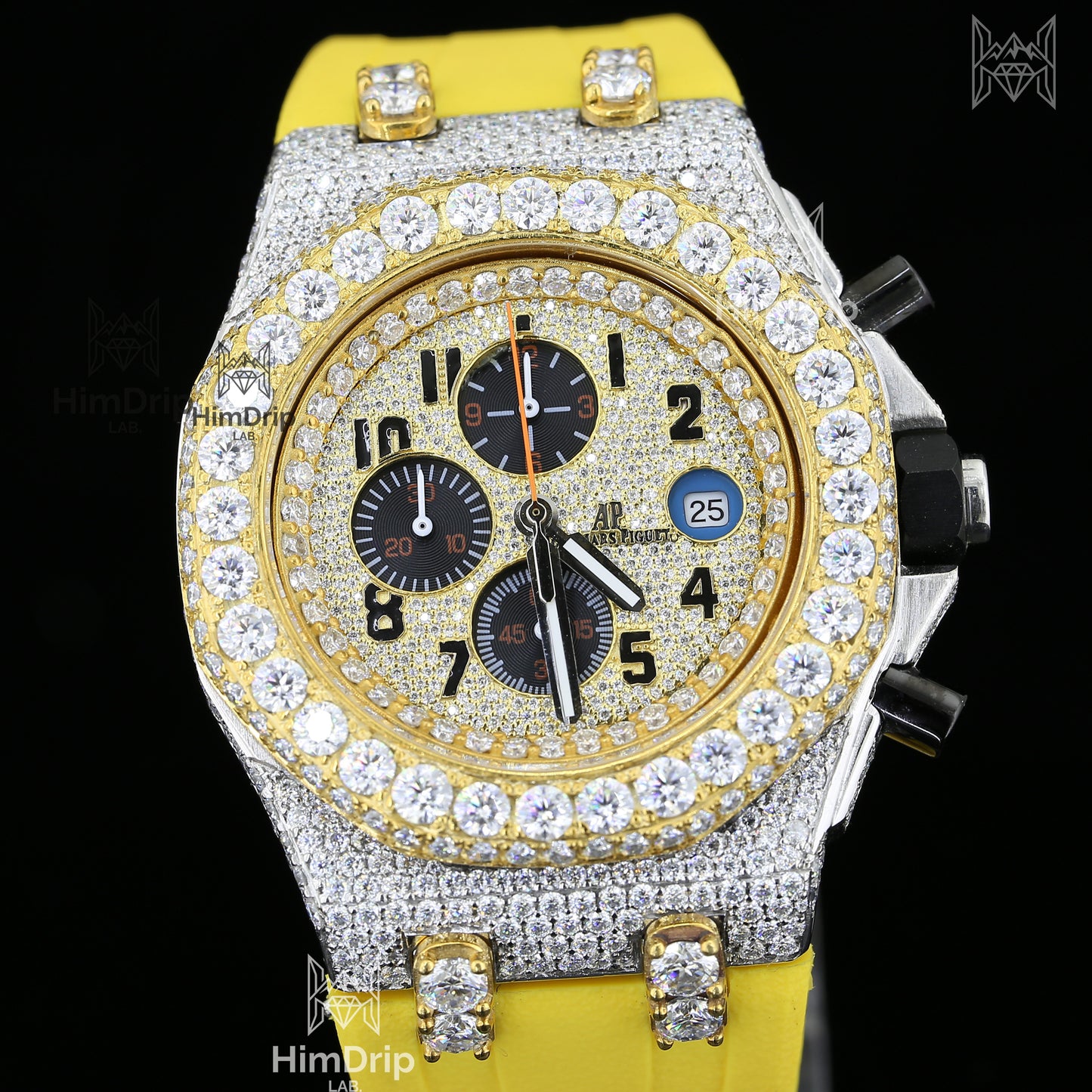18K Gold Plated Men's Moissanite Hip Hop Chronograph Watch | Yellow Rubber Strap | D Color VVS Moissanite