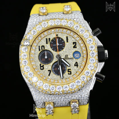 18K Gold Plated Men's Moissanite Hip Hop Chronograph Watch | Yellow Rubber Strap | D Color VVS Moissanite