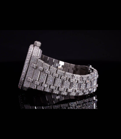 18K White Gold Plated Iced Out Moissanite Watch – Silver Diamond Dial | D VVS Moissanite | Japanese / Semi ETA / ETA Automatic Movement