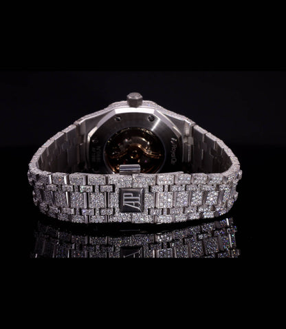 18K White Gold Plated Iced Out Moissanite Watch – Silver Diamond Dial | D VVS Moissanite | Japanese / Semi ETA / ETA Automatic Movement