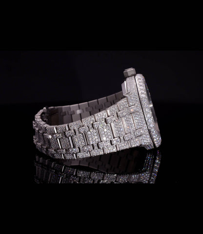 18K White Gold Plated Iced Out Moissanite Watch – Silver Diamond Dial | D VVS Moissanite | Japanese / Semi ETA / ETA Automatic Movement
