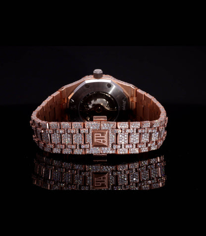 18K Rose Gold Plated Iced Out Moissanite Watch – Rose Gold Diamond Dial | D VVS Moissanite | Japanese / Semi ETA / ETA Automatic Movement