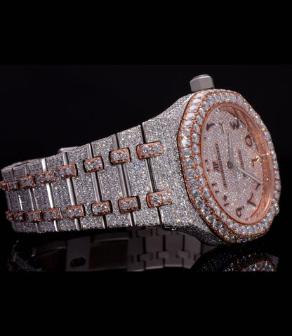 Luxury two-tone iced-out watch featuring D Color VVS Moissanite stones, 18K White & Rose Gold Plating, rose gold diamond-paved dial, and available with Japanese Automatic, Semi ETA Automatic, or ETA Automatic movement.