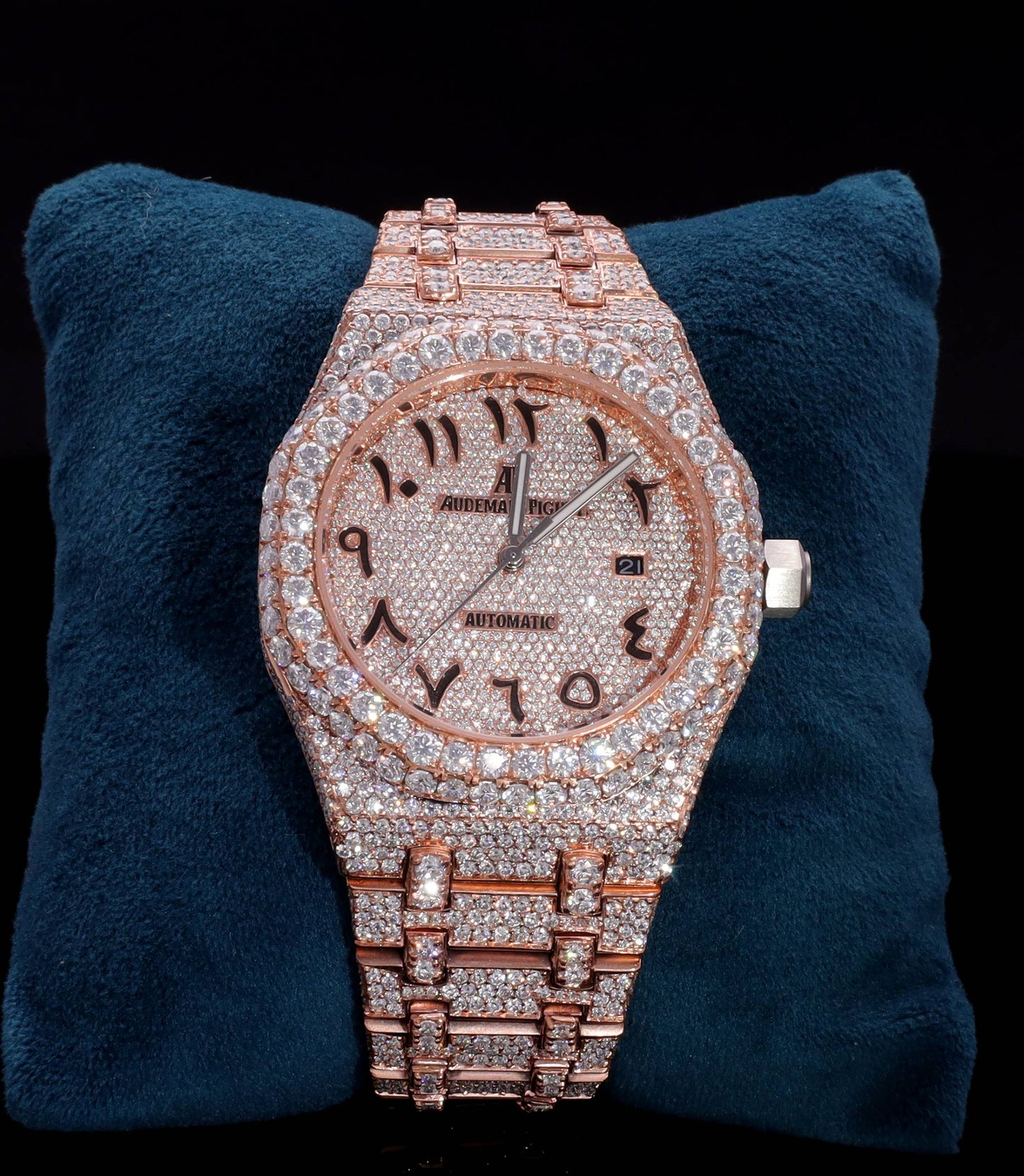 Luxury two-tone iced-out watch featuring D Color VVS Moissanite stones, 18K White & Rose Gold Plating, rose gold diamond-paved dial, and available with Japanese Automatic, Semi ETA Automatic, or ETA Automatic movement.