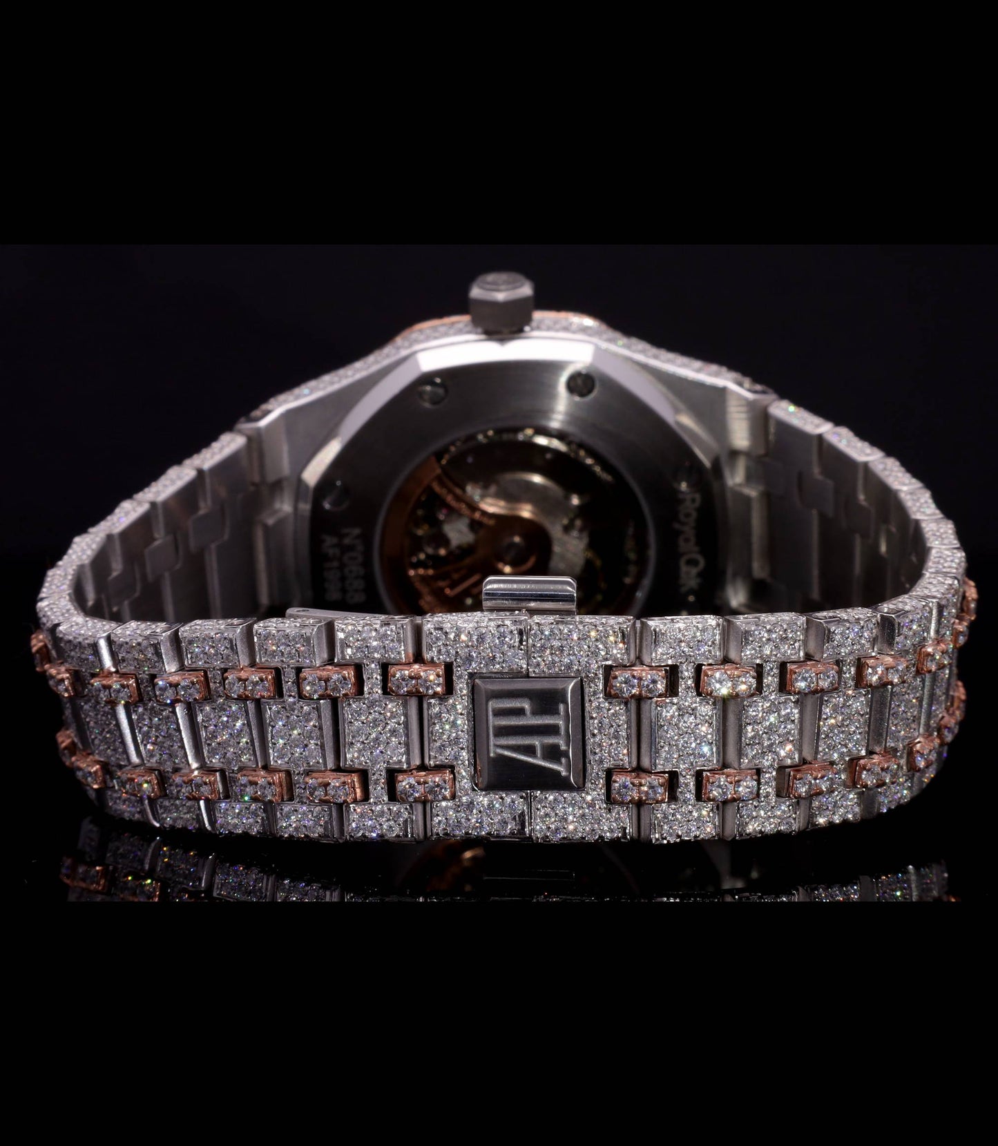 Luxury two-tone iced-out watch featuring D Color VVS Moissanite stones, 18K White & Rose Gold Plating, rose gold diamond-paved dial, and available with Japanese Automatic, Semi ETA Automatic, or ETA Automatic movement.