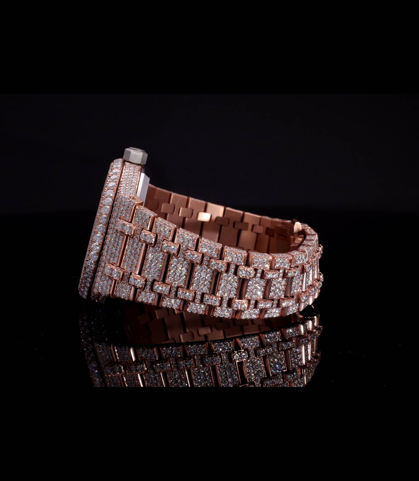18K Rose Gold Plated Iced Out Moissanite Watch – Rose Gold Diamond Dial | D VVS Moissanite | Japanese / Semi ETA / ETA Automatic Movement