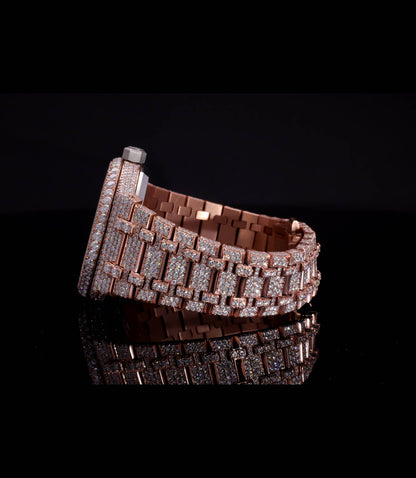18K Rose Gold Plated Iced Out Moissanite Watch – Rose Gold Diamond Dial | D VVS Moissanite | Japanese / Semi ETA / ETA Automatic Movement