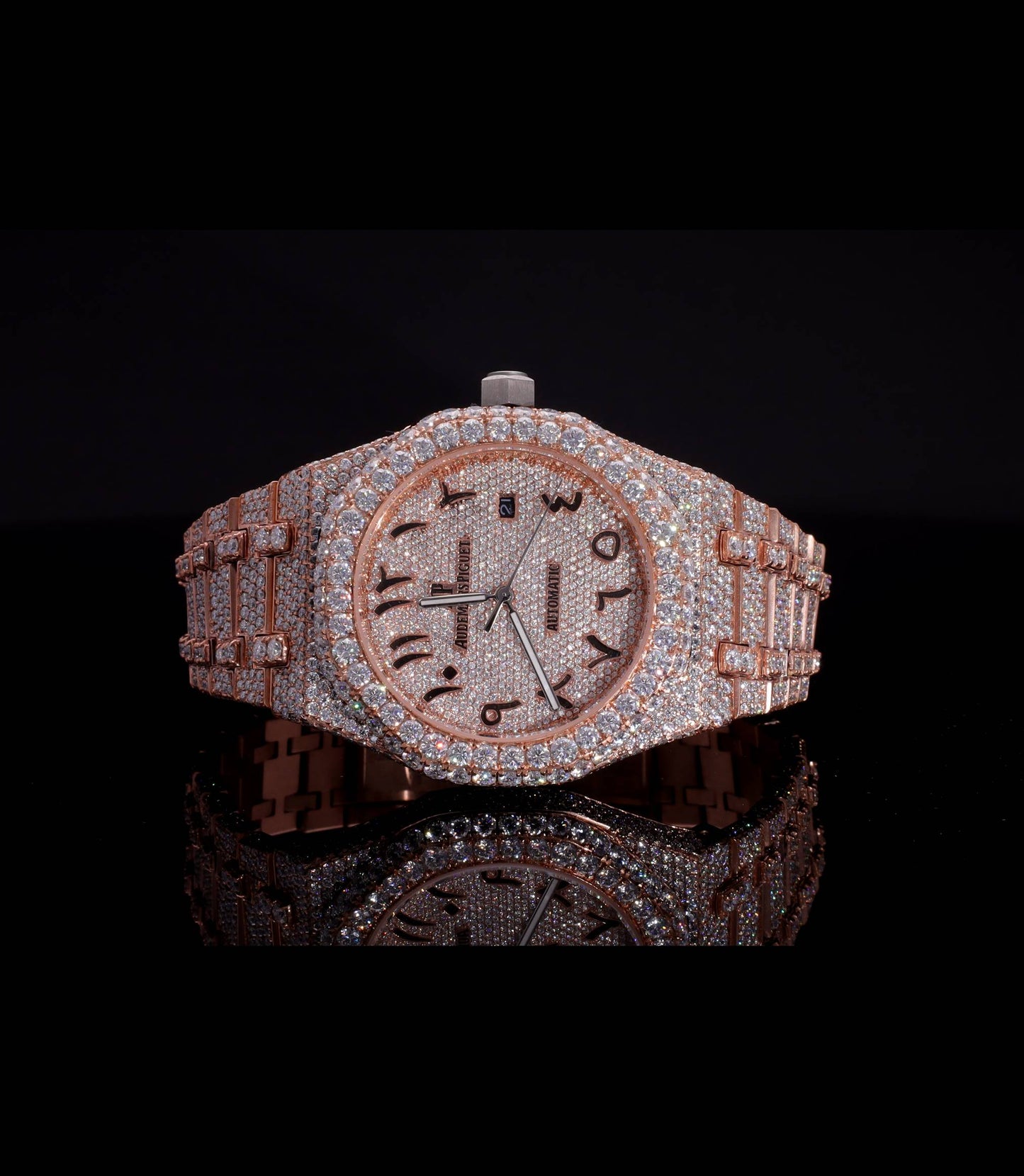 18K Rose Gold Plated Iced Out Moissanite Watch – Rose Gold Diamond Dial | D VVS Moissanite | Japanese / Semi ETA / ETA Automatic Movement