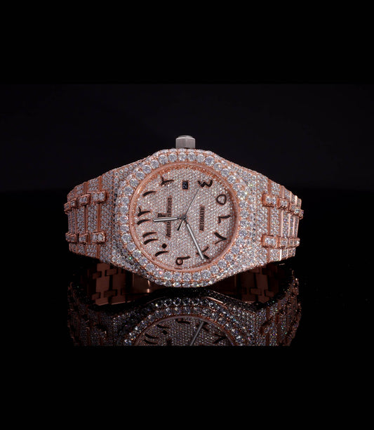18K Rose Gold Plated Iced Out Moissanite Watch – Rose Gold Diamond Dial | D VVS Moissanite | Japanese / Semi ETA / ETA Automatic Movement