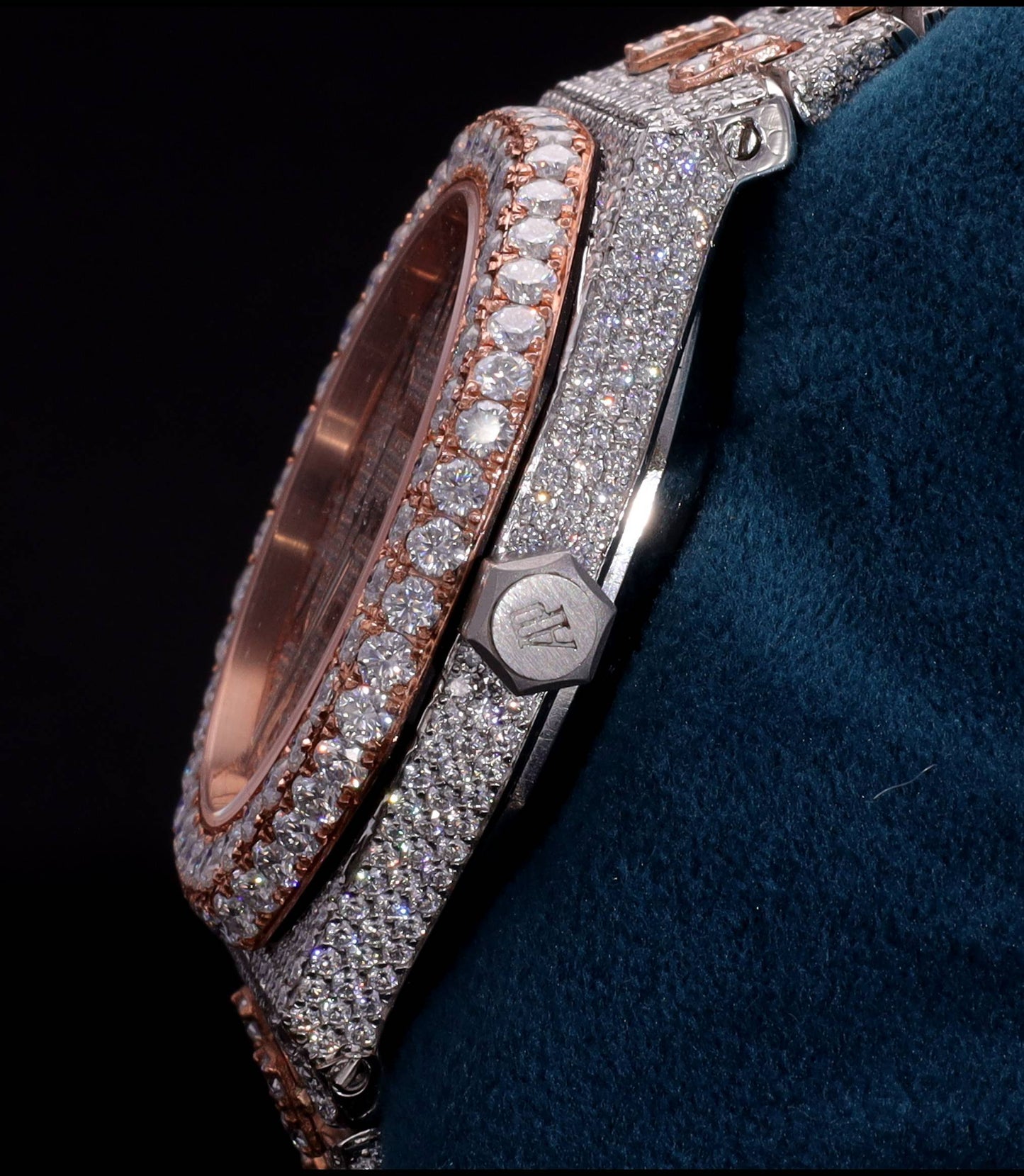 Luxury two-tone iced-out watch featuring D Color VVS Moissanite stones, 18K White & Rose Gold Plating, rose gold diamond-paved dial, and available with Japanese Automatic, Semi ETA Automatic, or ETA Automatic movement.