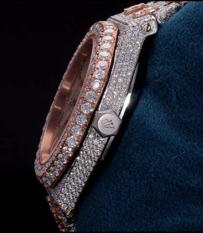 Luxury two-tone iced-out watch featuring D Color VVS Moissanite stones, 18K White & Rose Gold Plating, rose gold diamond-paved dial, and available with Japanese Automatic, Semi ETA Automatic, or ETA Automatic movement.