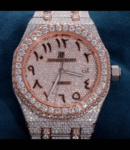 Luxury two-tone iced-out watch featuring D Color VVS Moissanite stones, 18K White & Rose Gold Plating, rose gold diamond-paved dial, and available with Japanese Automatic, Semi ETA Automatic, or ETA Automatic movement.