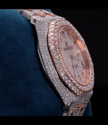 Luxury two-tone iced-out watch featuring D Color VVS Moissanite stones, 18K White & Rose Gold Plating, rose gold diamond-paved dial, and available with Japanese Automatic, Semi ETA Automatic, or ETA Automatic movement.