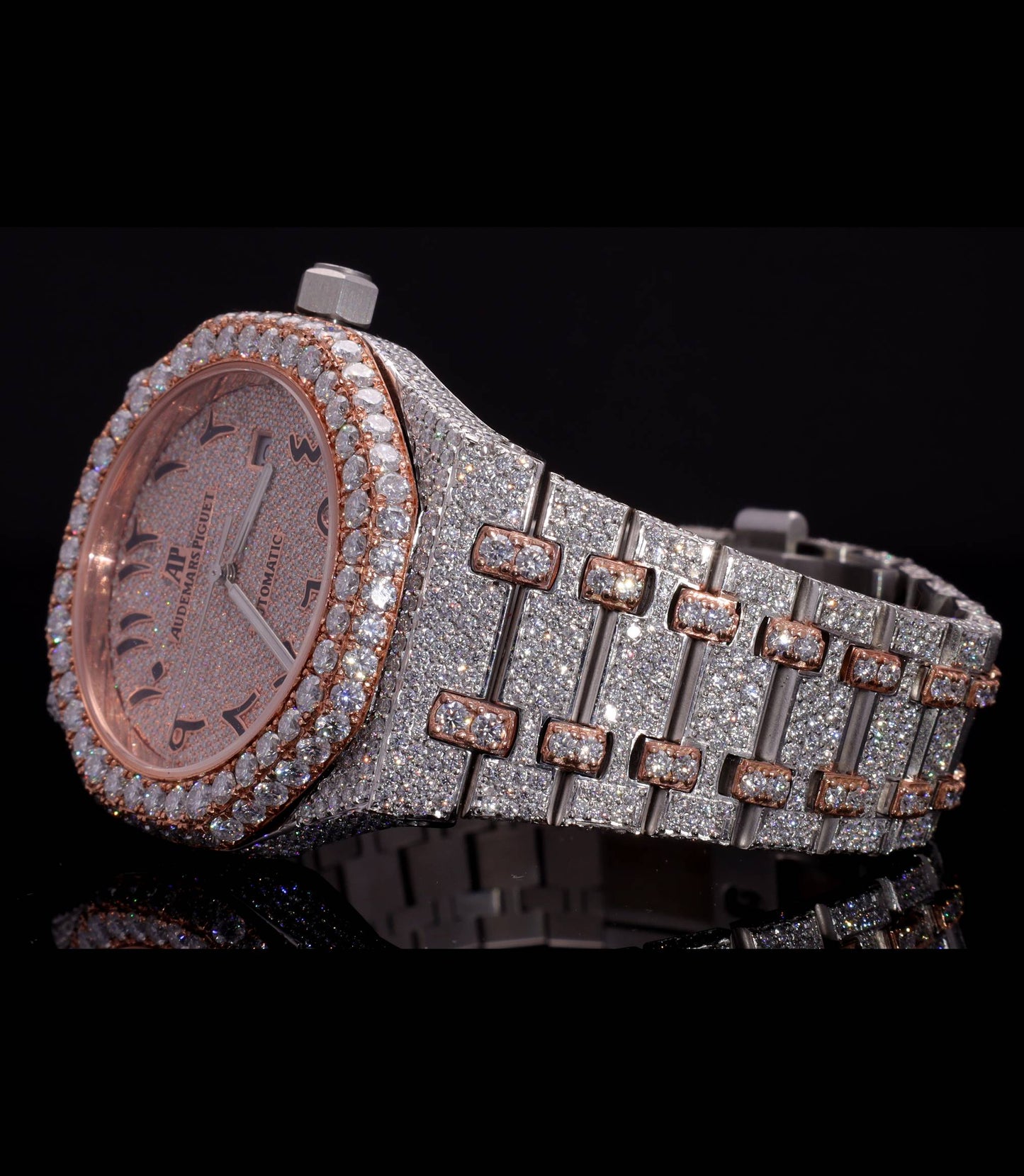 Luxury two-tone iced-out watch featuring D Color VVS Moissanite stones, 18K White & Rose Gold Plating, rose gold diamond-paved dial, and available with Japanese Automatic, Semi ETA Automatic, or ETA Automatic movement.