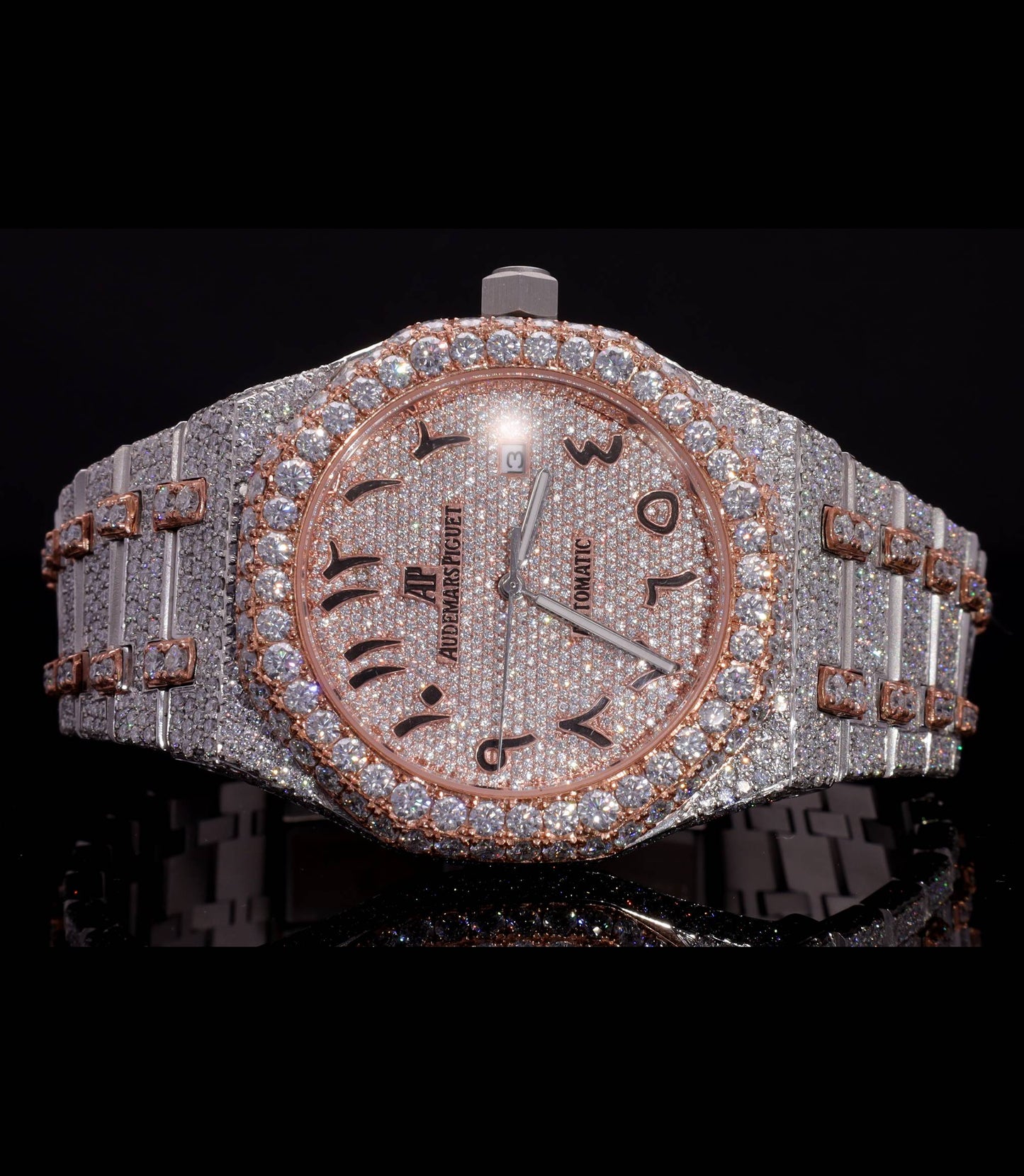 Luxury two-tone iced-out watch featuring D Color VVS Moissanite stones, 18K White & Rose Gold Plating, rose gold diamond-paved dial, and available with Japanese Automatic, Semi ETA Automatic, or ETA Automatic movement.