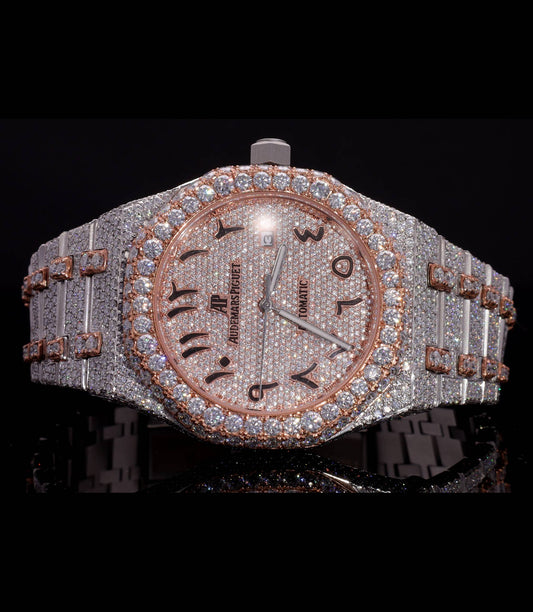Luxury two-tone iced-out watch featuring D Color VVS Moissanite stones, 18K White & Rose Gold Plating, rose gold diamond-paved dial, and available with Japanese Automatic, Semi ETA Automatic, or ETA Automatic movement.