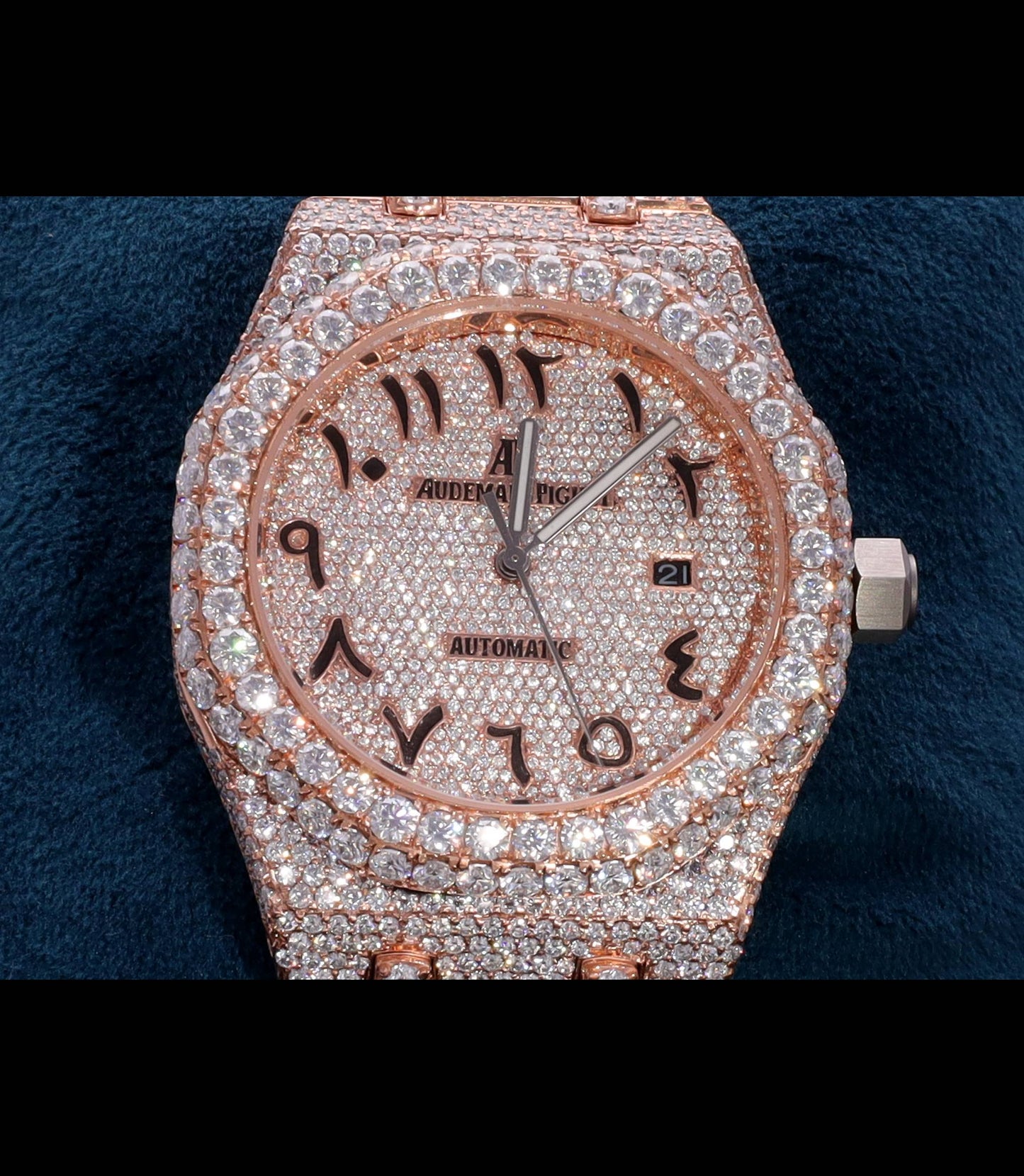 Luxury two-tone iced-out watch featuring D Color VVS Moissanite stones, 18K White & Rose Gold Plating, rose gold diamond-paved dial, and available with Japanese Automatic, Semi ETA Automatic, or ETA Automatic movement.