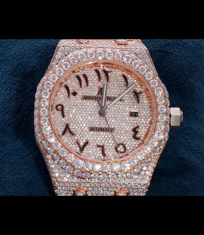Luxury two-tone iced-out watch featuring D Color VVS Moissanite stones, 18K White & Rose Gold Plating, rose gold diamond-paved dial, and available with Japanese Automatic, Semi ETA Automatic, or ETA Automatic movement.