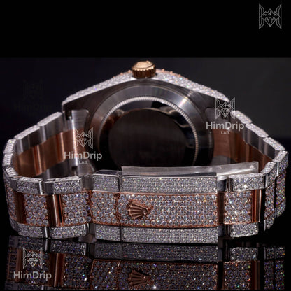 18K Gold Plated Moissanite Diamond Iced Out Luxury Watch | Two-Tone Rose Gold & Silver | Automatic Date Display