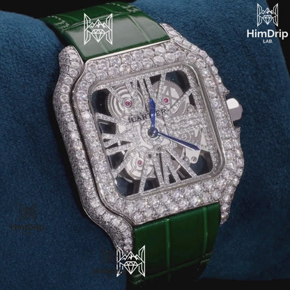 18K White Gold Plated Skeleton Moissanite Watch – Green Rubber Strap | D VVS Moissanite | Japanese Automatic Movement