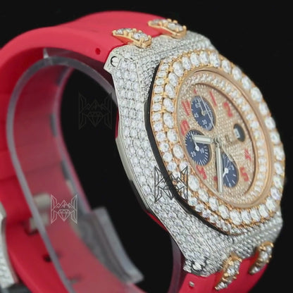 Customized Audemars Piguet Royal Oak Offshore | Iced Out | Rose Gold Bezel | Red Rubber Strap | Automatic Movement