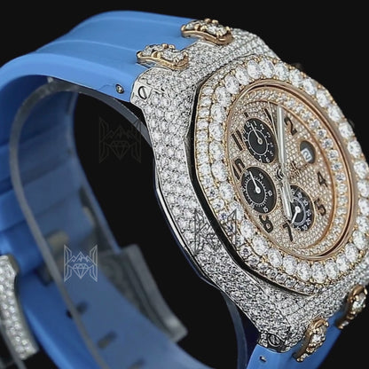 Moissanite Diamond 18K Rose Gold Plated Royal Oak Offshore Chronograph Rubber Strap Watch For Men