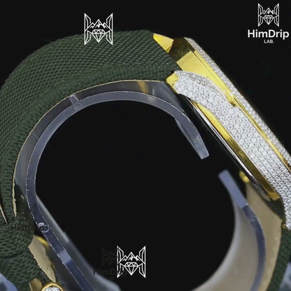Titan Quartz Watch | Moissanite Diamond Bezel | Green Dial | Green Fabric Strap | Gold Tone Case