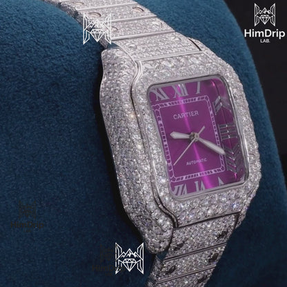 18K White Gold Plated Iced Out Square Moissanite Watch – Purple Dial | D VVS Moissanite | Japanese / Semi ETA / ETA Automatic Movement
