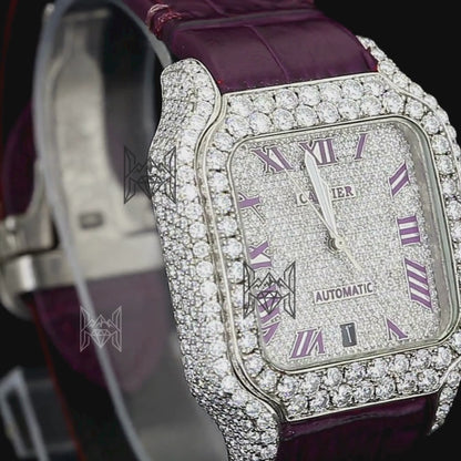 Customized Santos Style Watch – Iced Out | Purple Leather Strap | Automatic Movement