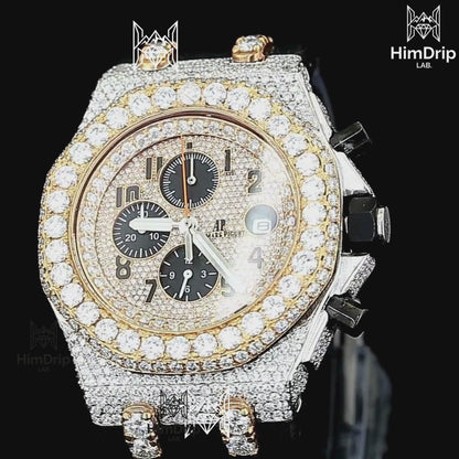 18K White & Rose Gold Plated Iced Out Moissanite Watch – Black Silicone Strap | D VVS Moissanite | Japanese Automatic Movement