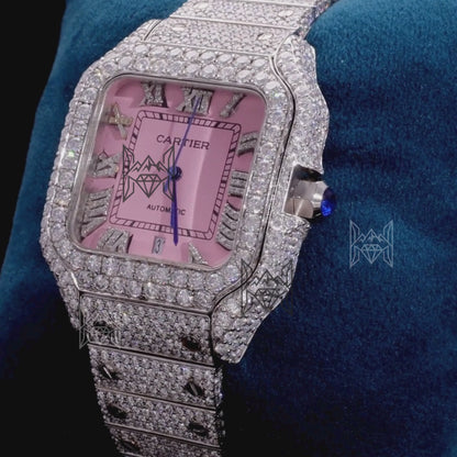 Customized Cartier Santos | Fully Iced Out Diamond Watch | Pink Dial | Automatic Movement