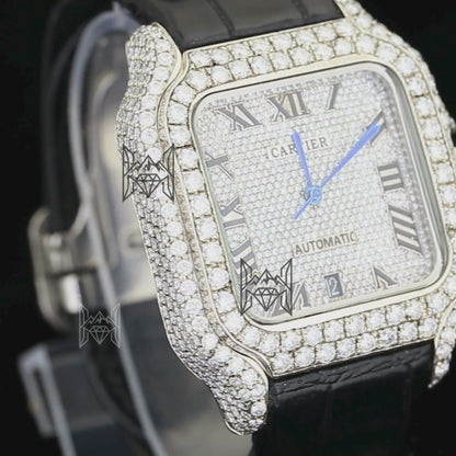 Customized Cartier Santos | Fully Iced Out | Automatic Movement | Black Leather Strap