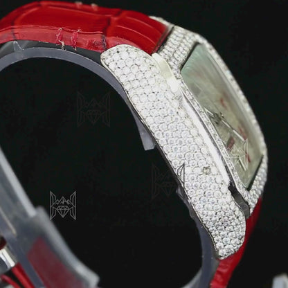 Customized Automatic Moissanite Diamond Luxury Watch | Red Leather Strap | D Color VVS Moissanite