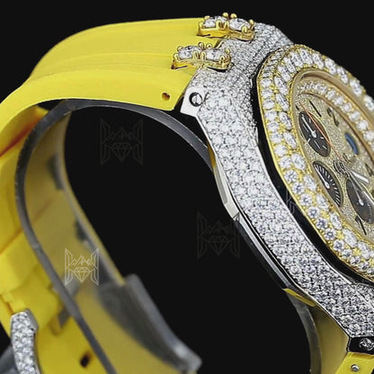 18K Gold Plated Men's Moissanite Hip Hop Chronograph Watch | Yellow Rubber Strap | D Color VVS Moissanite