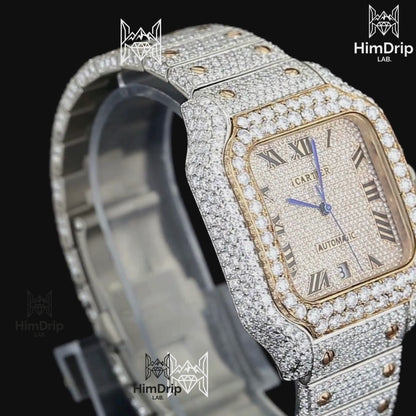 18K White & Rose Gold Plated Iced Out Square Moissanite Watch – Champagne Diamond Dial | D VVS Moissanite | Japanese / Semi ETA / ETA Automatic Movement