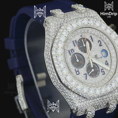 18K White Gold Plated Iced Out Moissanite Watch – Blue Silicone Strap | D VVS Moissanite | Japanese Quartz Movement