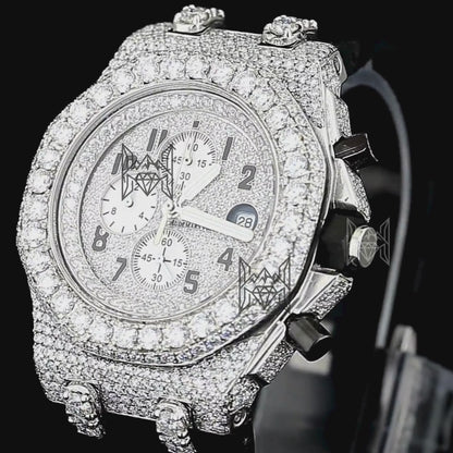 18K White Gold Plated Men's Iced Out Moissanite Chronograph Watch | Black Rubber Strap | D Color VVS Moissanite