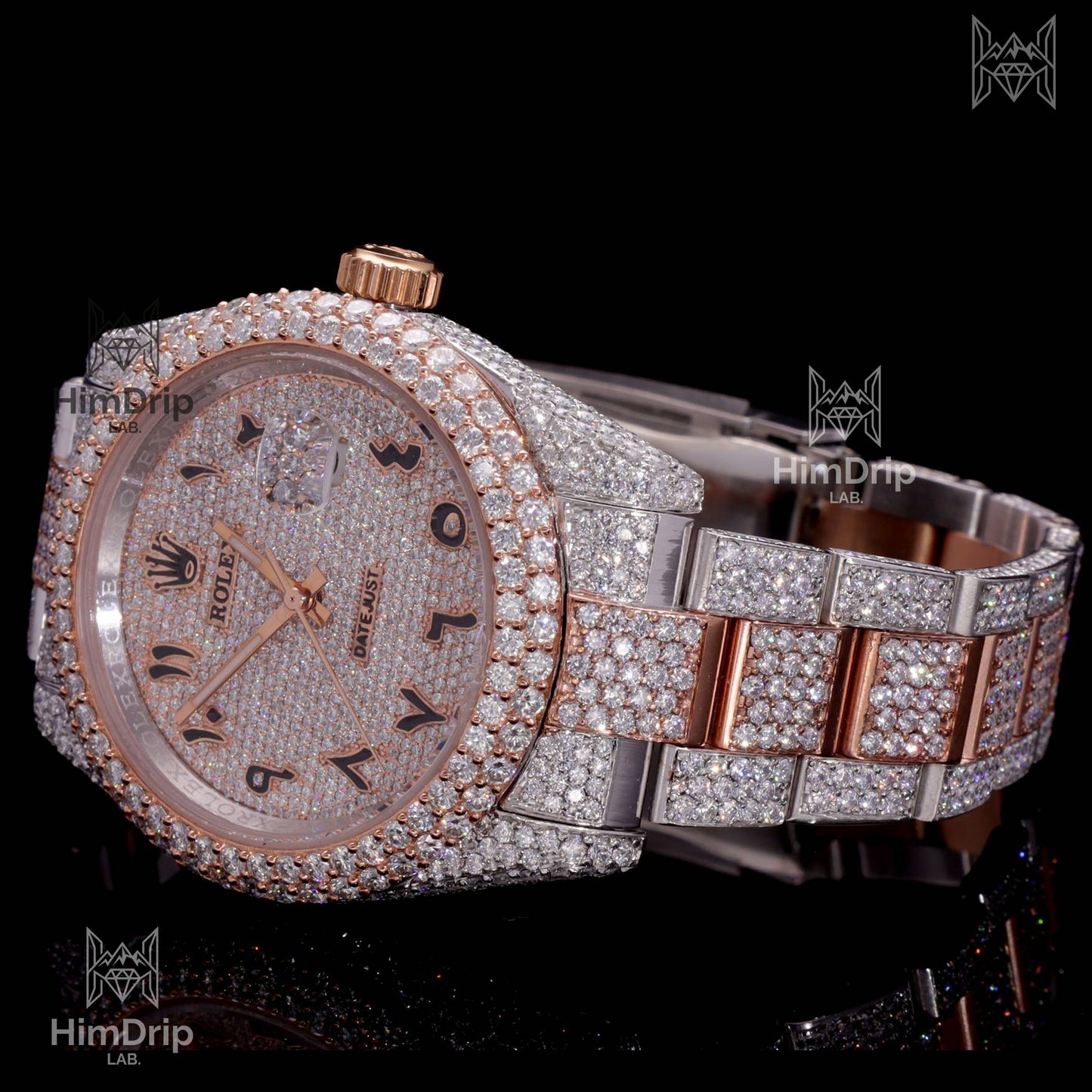 18K Gold Plated Moissanite Diamond Iced Out Luxury Watch | Two-Tone Rose Gold & Silver | Automatic Date Display