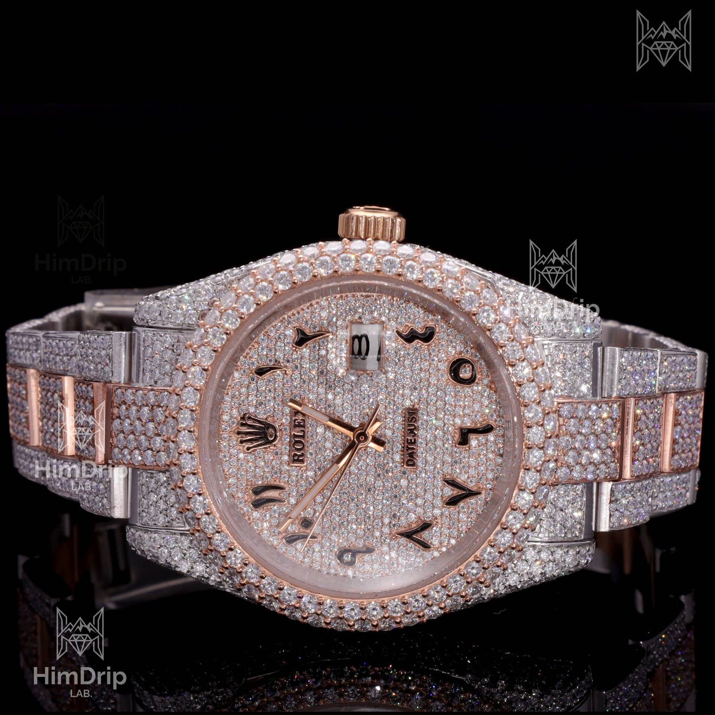 18K Gold Plated Moissanite Diamond Iced Out Luxury Watch | Two-Tone Rose Gold & Silver | Automatic Date Display