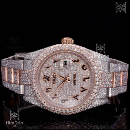18K Gold Plated Moissanite Diamond Iced Out Luxury Watch | Two-Tone Rose Gold & Silver | Automatic Date Display