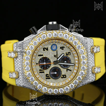 18K Gold Plated Men's Moissanite Hip Hop Chronograph Watch | Yellow Rubber Strap | D Color VVS Moissanite